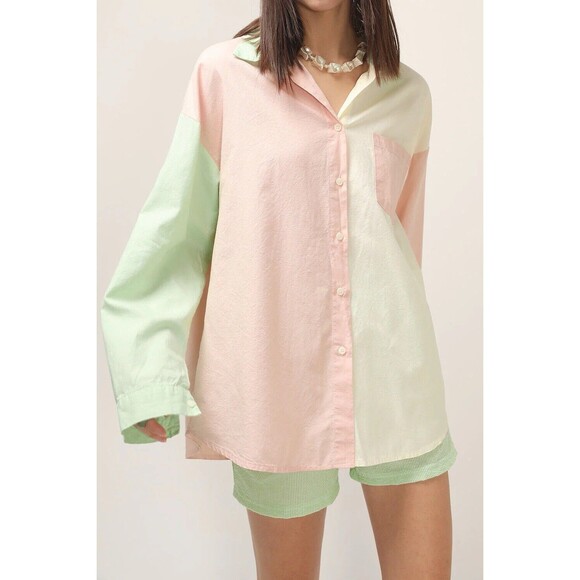 Storets Womens Color Block Long Sleeve Button-Up Blouse Green Pink, S/M - Picture 2 of 11